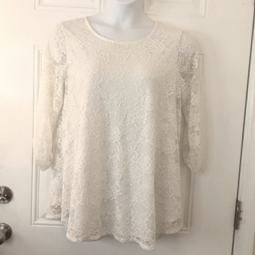 New Directions off-white fully lined lace 3/4 sleeve with ruching tunic - Picture 1 of 10